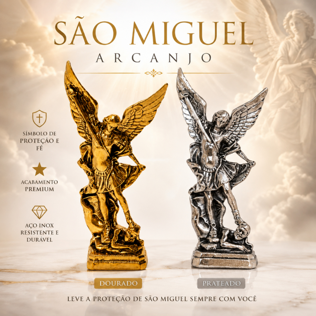 Kit 2 Enfeites São Miguel Arcanjo Metal 6,5cm Dourado Prateado Autocolante Decorativo Católico Fé Proteção Espiritual