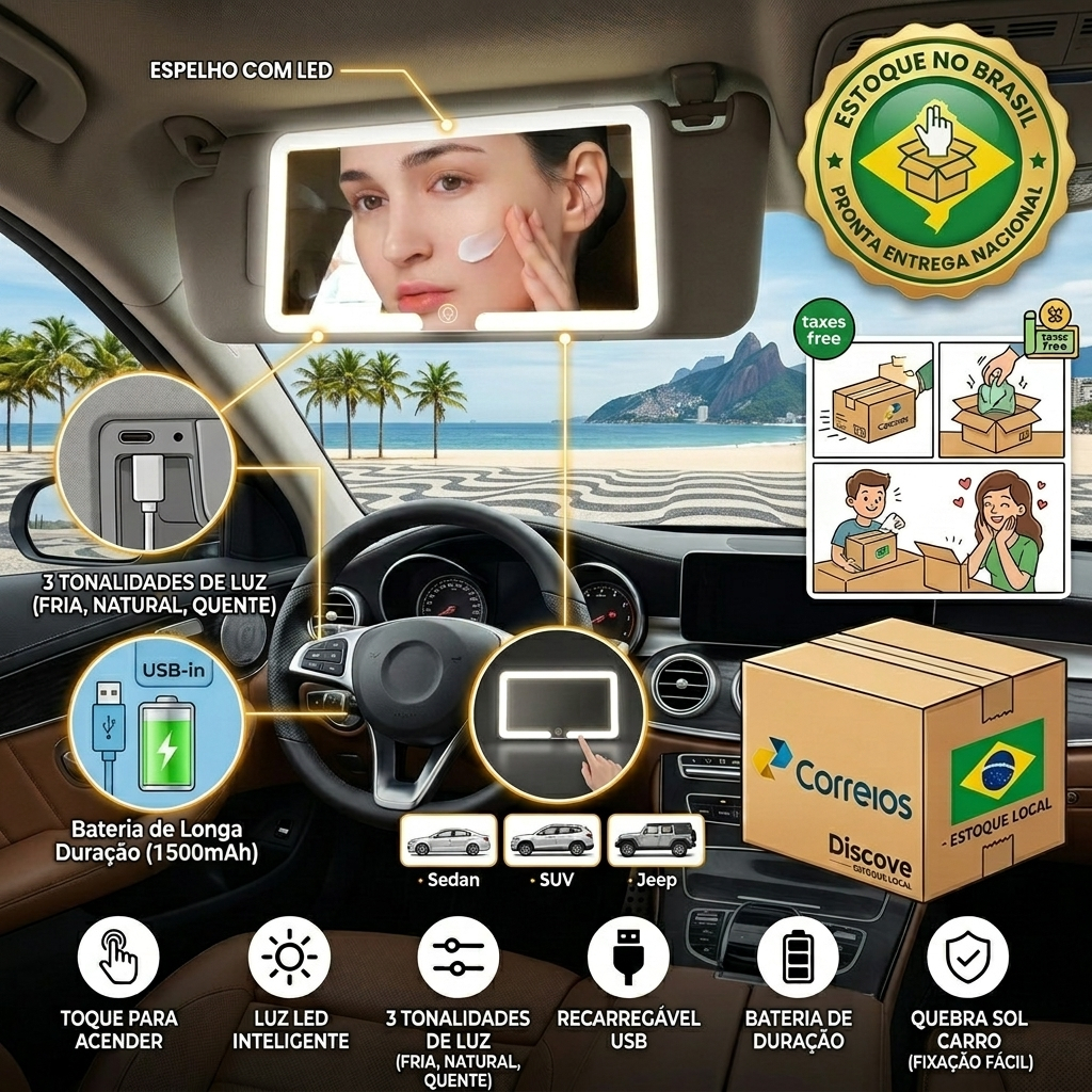Espelho Para Quebra Sol Carro Com Led Maquiagem Recarregável Luz 3 Tonalidades Aba De Sol Portátil