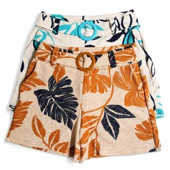 Shorts Femininos Malha Crepe Estampado Cintura Alta Cinto Fixo com Bolsos