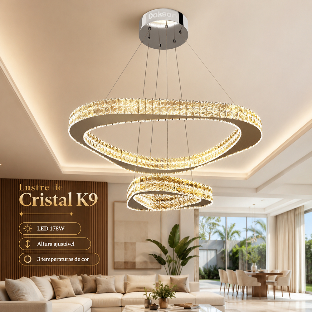 Lustre Pendente LED 178W com Anéis de Cristal K9 Design Geométrico Moderno 3 Cores