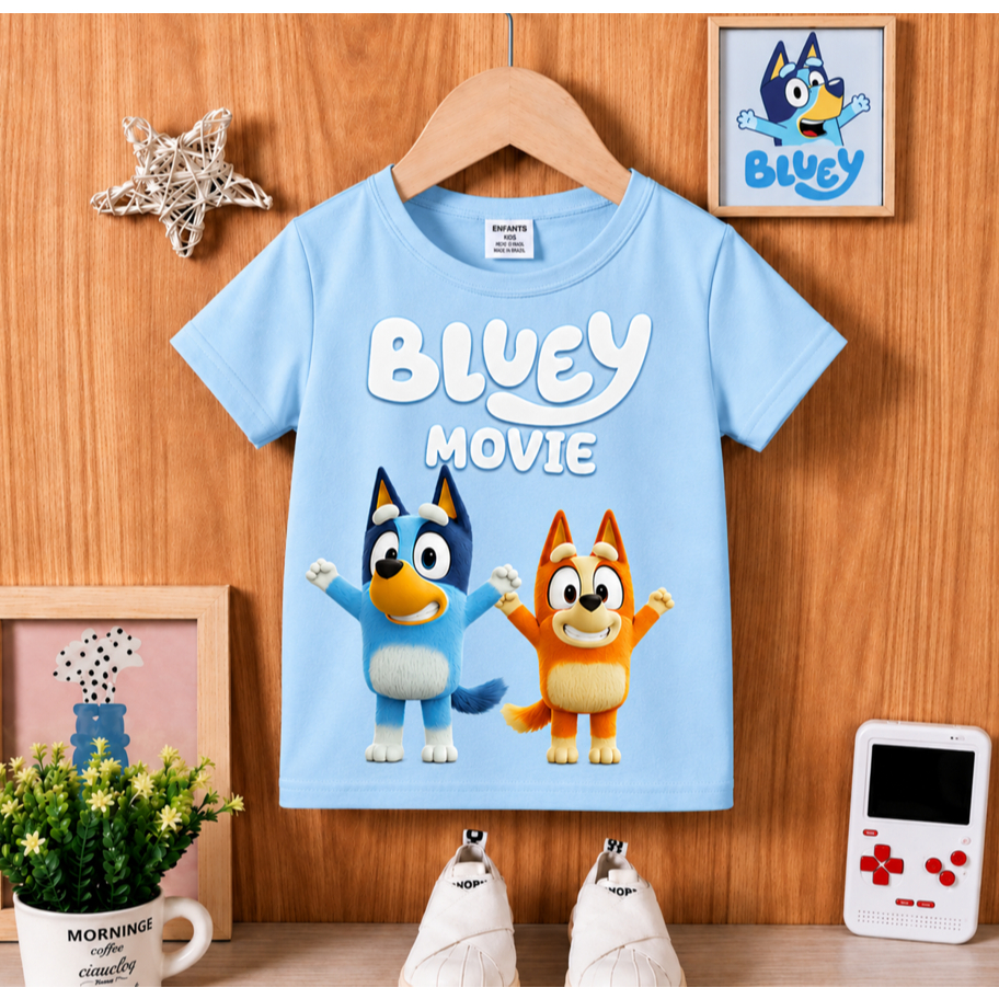 Camiseta Infantil Infanto Juvenil Bluey e Bingo Filme 2027 Disney Desenho Infantil Moda Luxo Grife Casual Camisa Blue