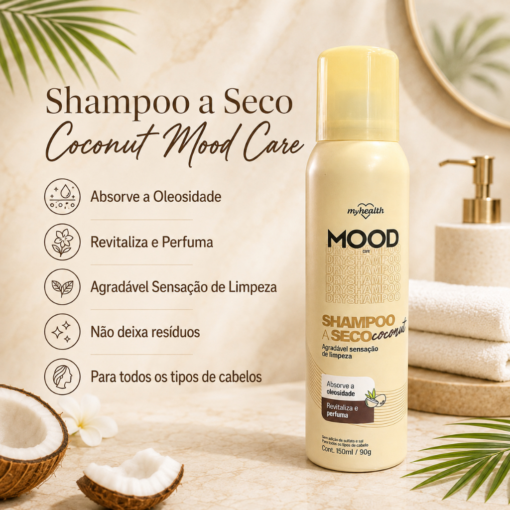 Shampoo a Seco Coconut 150ml Absorve Oleosidade Revitaliza e Perfuma Mood Care My Health