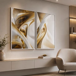 Quadro Elegância Abstrata em Dourado 2 Telas Moldura Branca 50x75