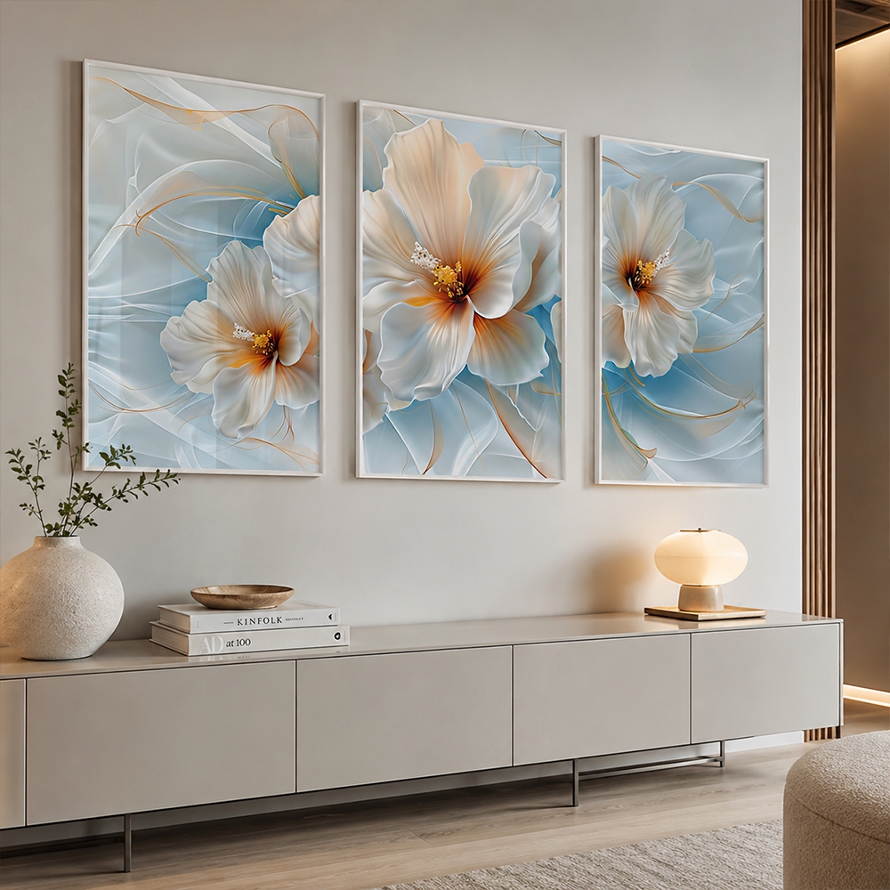 Quadro Florescer da Tranquilidade 3 Telas Moldura Branca 50x75 Com Vidro