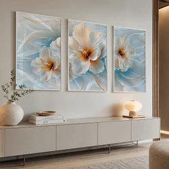 Quadro Florescer da Tranquilidade 3 Telas Moldura Branca 50x75 Com Vidro