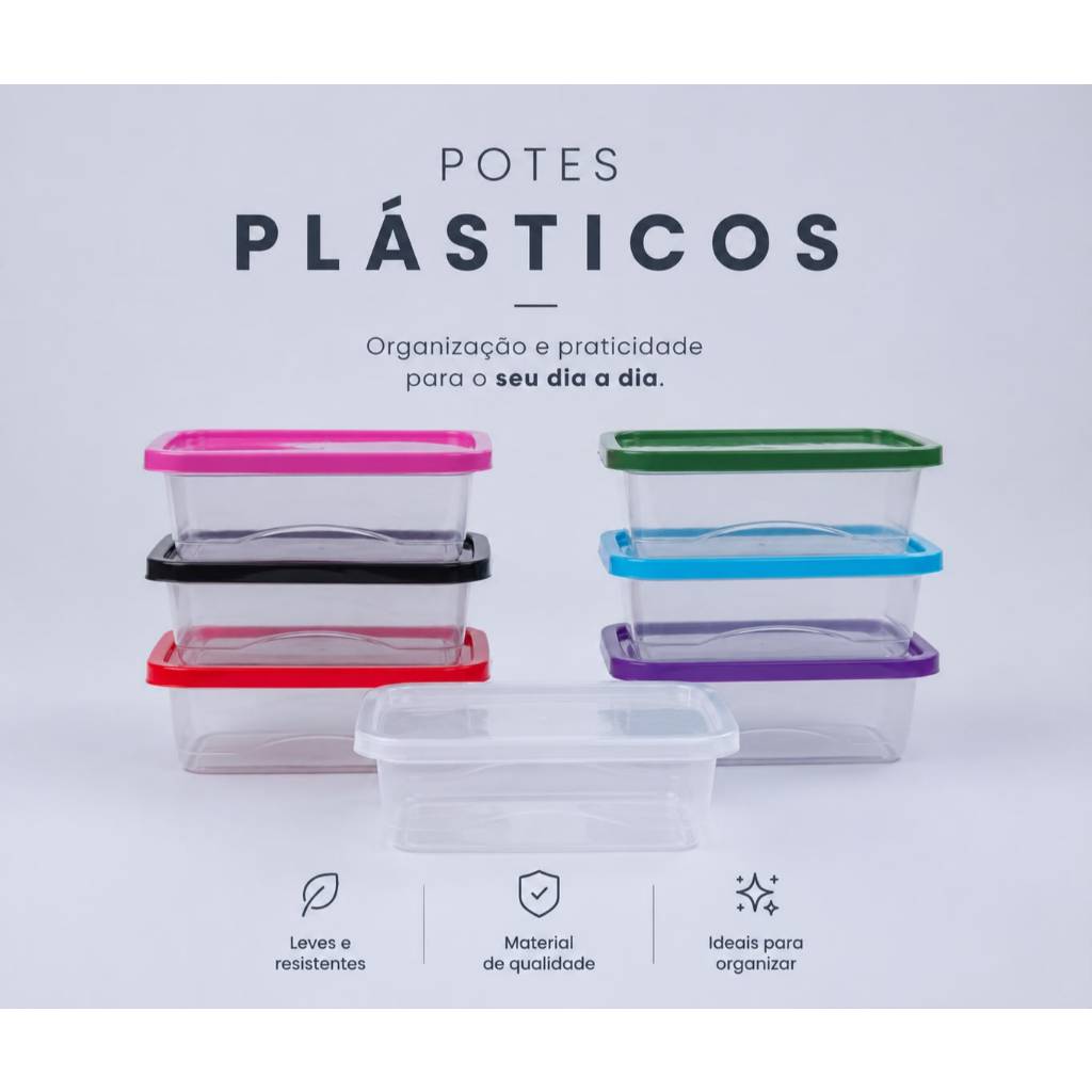 Kit 12 Potes Plásticos 1 Litro 1000ml escolher cor Tampa Transparente Marmita Organizador De Alimentos PLASTICOS