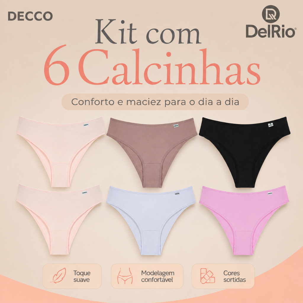 Kit Com 6 Calcinhas DelRio Biquíni Microfibra Confortável Feminina Original