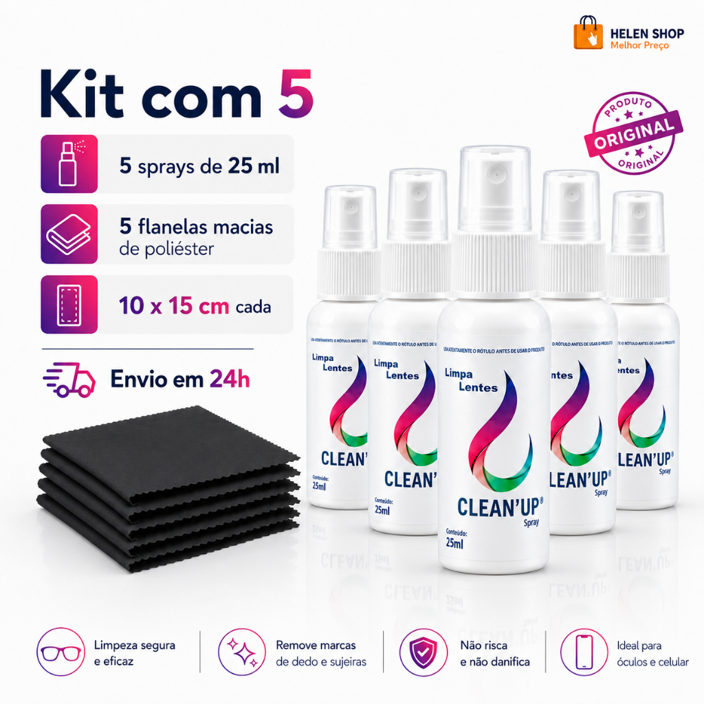 Kit 5x Limpa lentes 25ml + 5 flanelas poliester para  óculos tela celular tablet Notebook - Clean up
