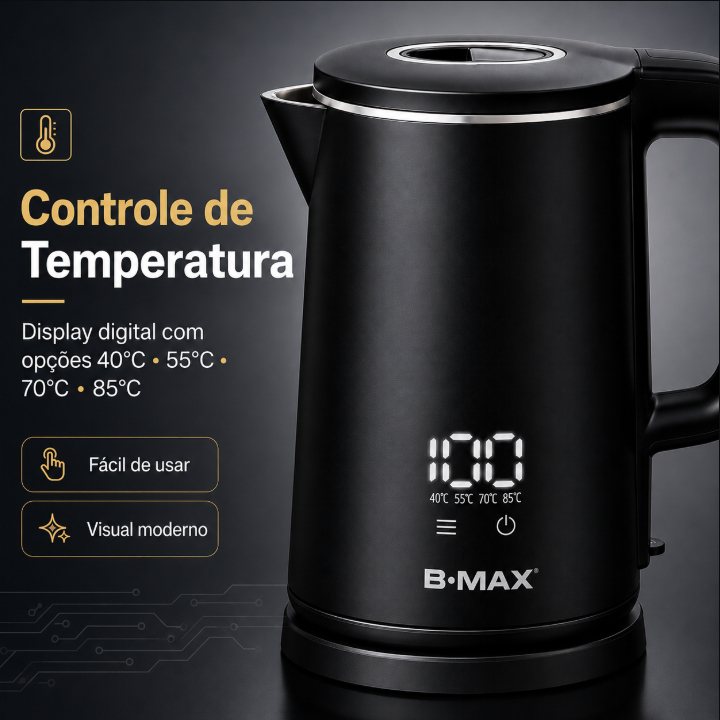 Chaleira Elétrica Inteligente 1,8L110V/220V 1500W com Display Digital LED Controle de Temperatura e Base 360°