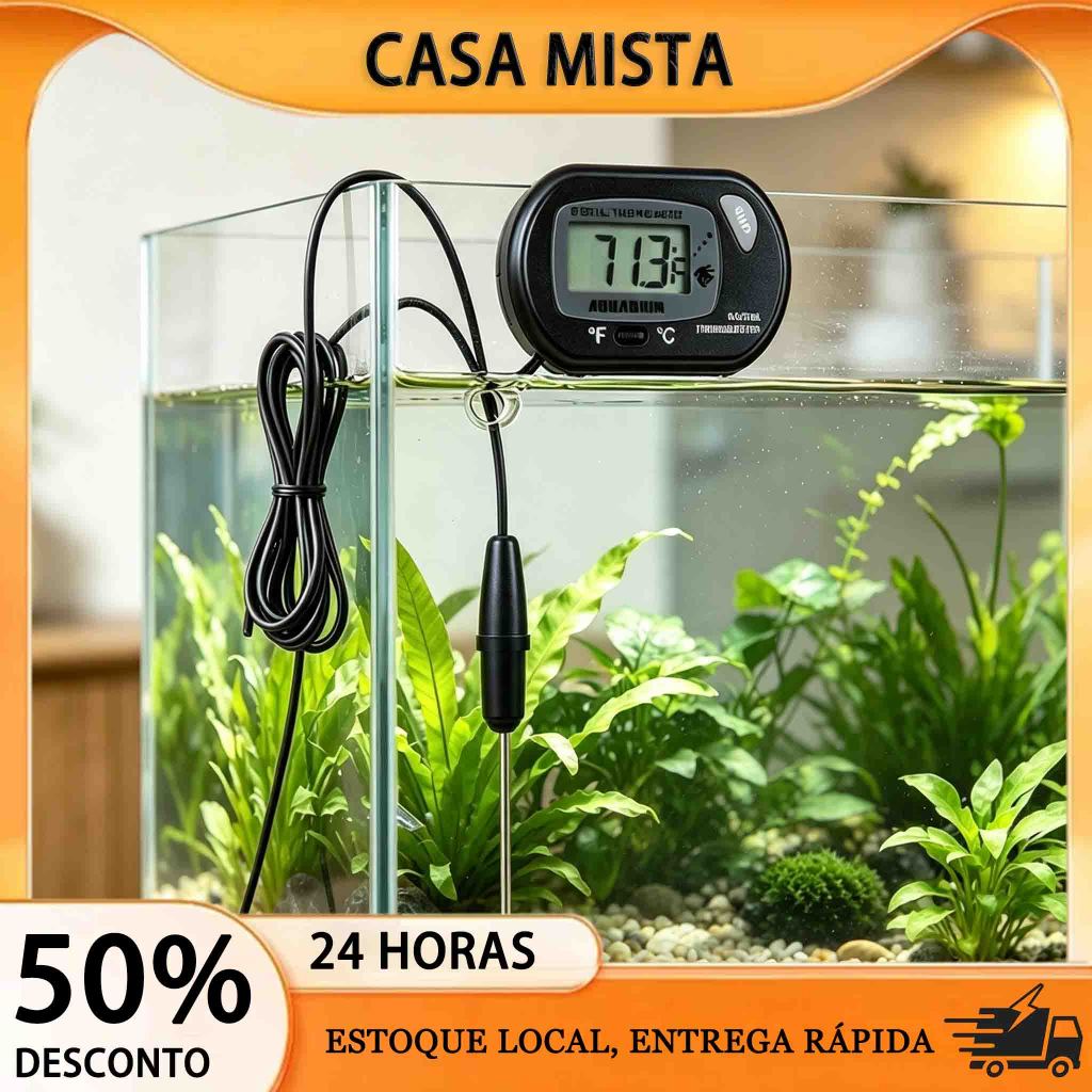 Termômetro LCD Digital Preto Sonda Impermeável | Medidor de Temperatura para Aquário, Terrário e Chocadeira