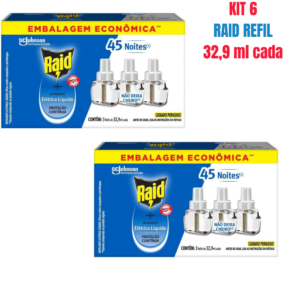 Kit 6 RAID Refil Elétrico Líquido de 32,9 ml Cada - Repelente de Mosquistos Até 45 Noites cada