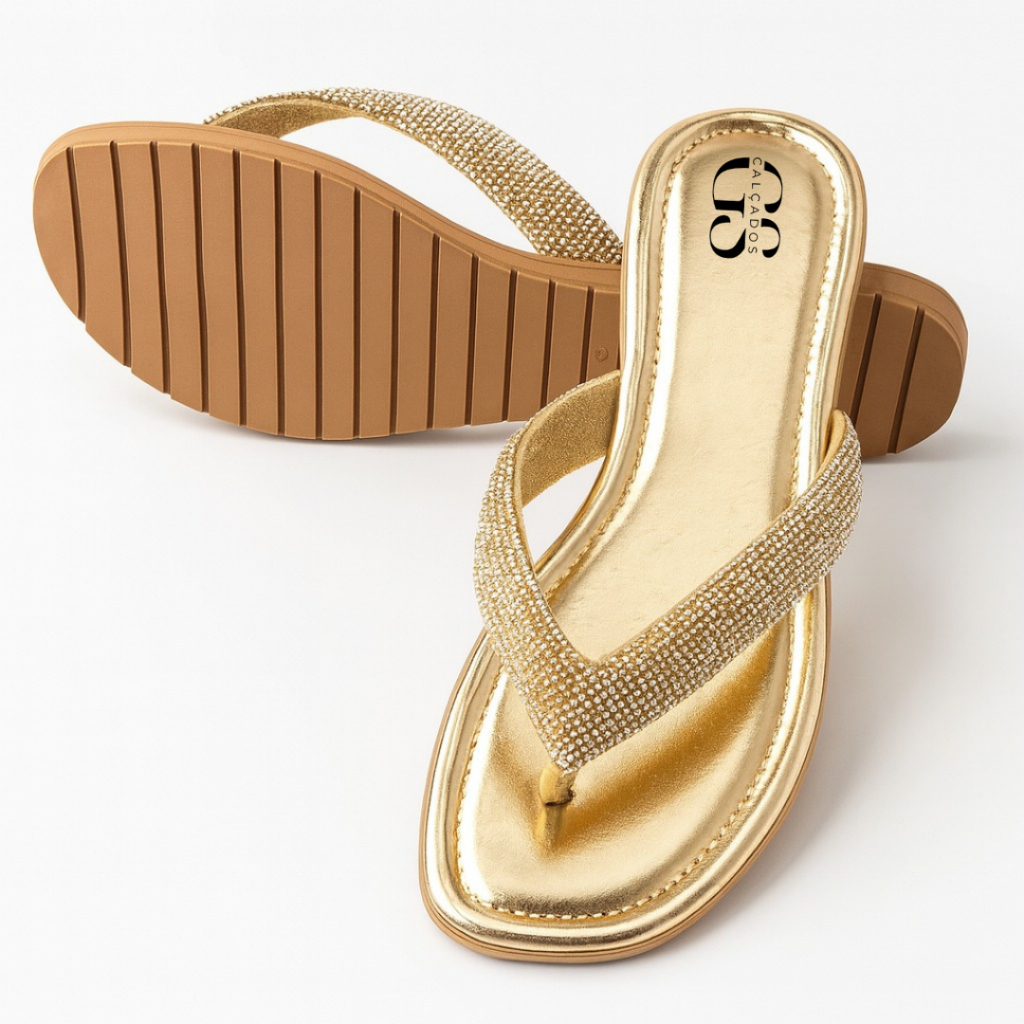 Rasteirinha Feminina Com Strass Brilho Chinelo Sandália Dourada Confortável Tendência Moda Verão