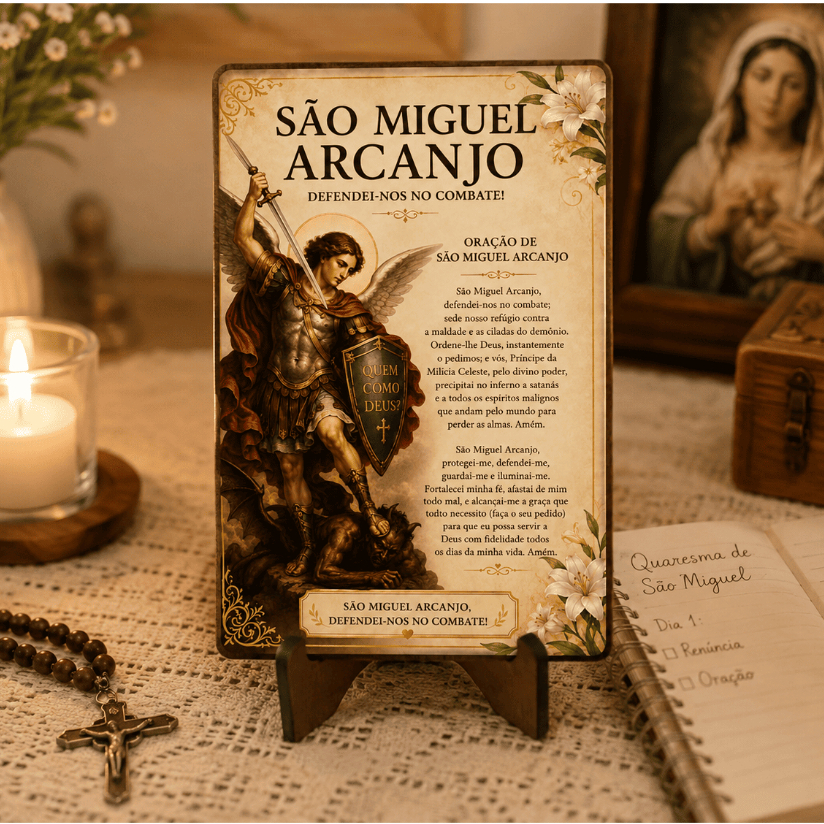 Placa São Miguel Arcanjo com Oração 15x10cm MDF com Suporte | Quaresma de São Miguel | Altar Oratório Presente Católico