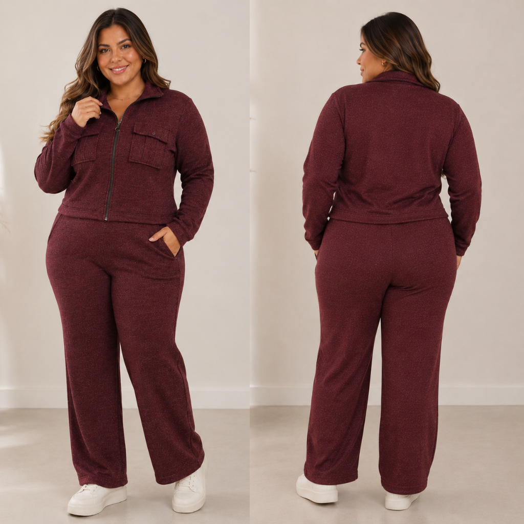 Conjunto Feminino Inverno Plus Size casaco Pantalona Bolso e Zíper Moda tricô Elegante confortável