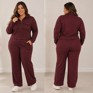 Conjunto Feminino Inverno Plus Size casaco Pantalona Bolso e Zíper Moda tricô Elegante confortável