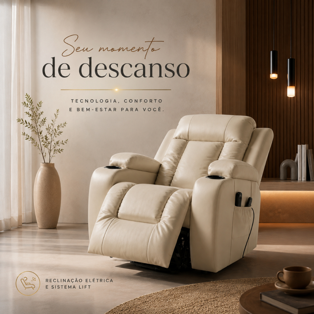 Poltrona do Papai Poltrona de Massagem Elétrica Poltrona Reclinável Austin Elevação Lift 150o PU Bege G94