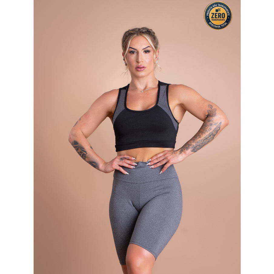 Conjunto Fitness Feminino Bermuda Ciclista Lisa Cintura Alta E Top Nadador Decote Costas Academia ZERO TRANSPARÊNCIA