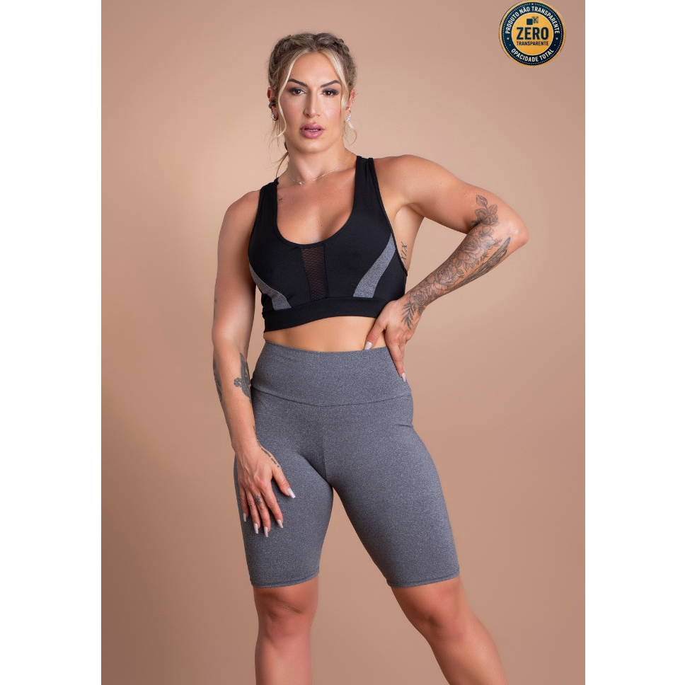 Conjunto Fitness Feminino Bermuda Lisa Cintura Alta E Top Nadador Tela Frontal Academia Treino ZERO TRANSPARÊNCIA