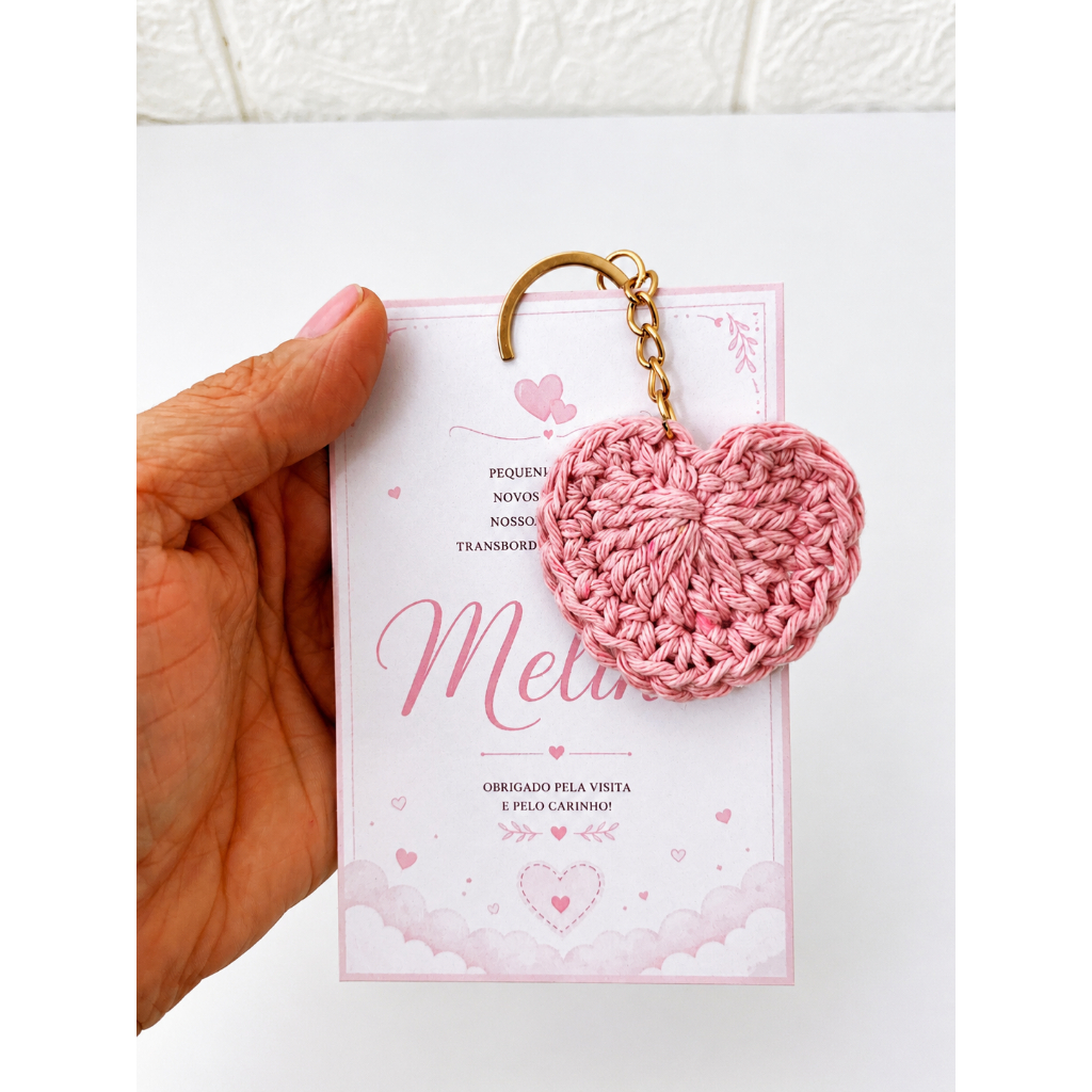 Lembrancinha Personalizada - Chaveiro Coração de Crochê - Maternidade, Batizado, Chá de Bebê, Aniversário