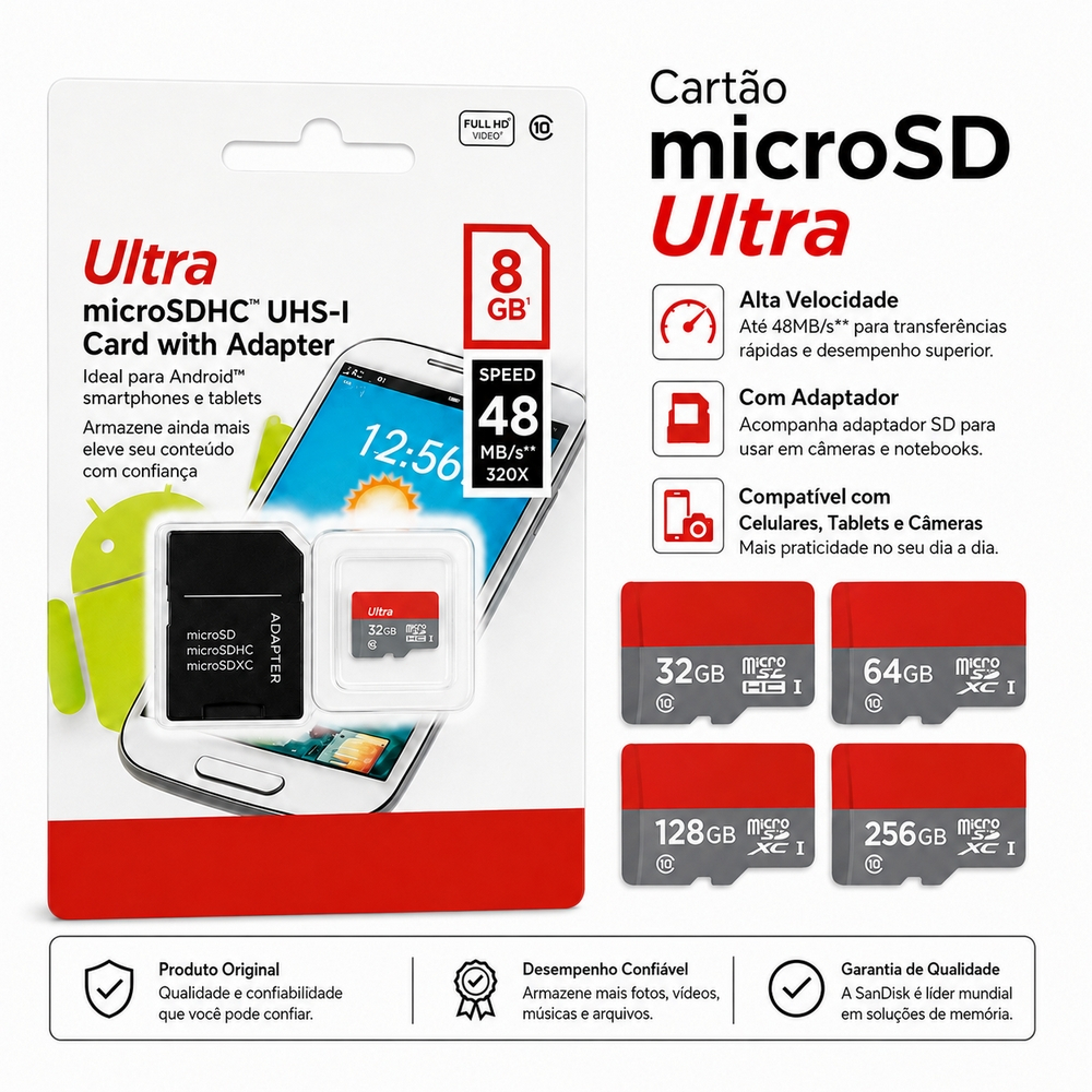 Cartão de Memória micro com Adaptador Alta Velocidade para Celular Câmera Tablet 32GB 64GB 128GB 256GB