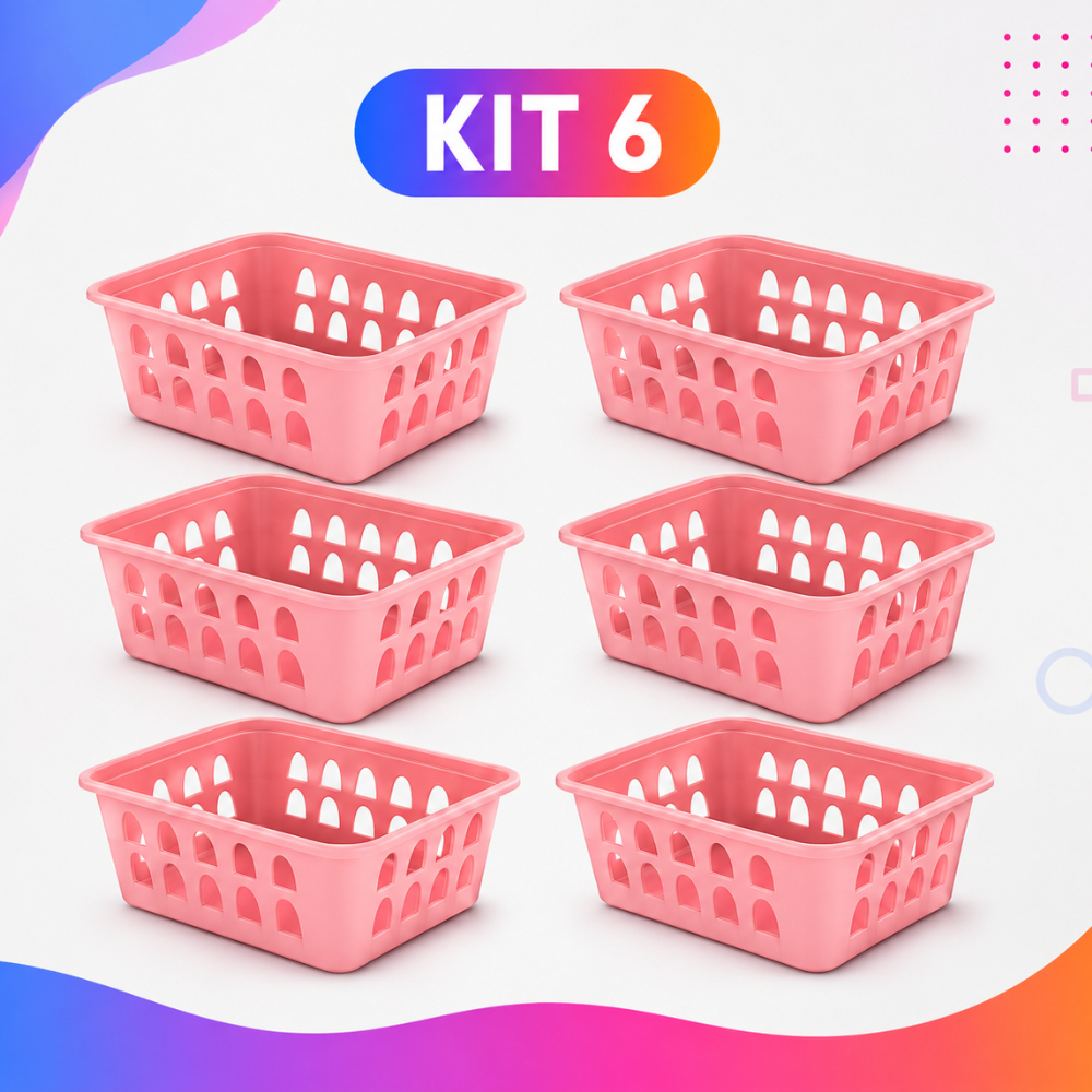 Kit 6 Cestos Organizadores Multiuso Rosa 16x12x6Cm