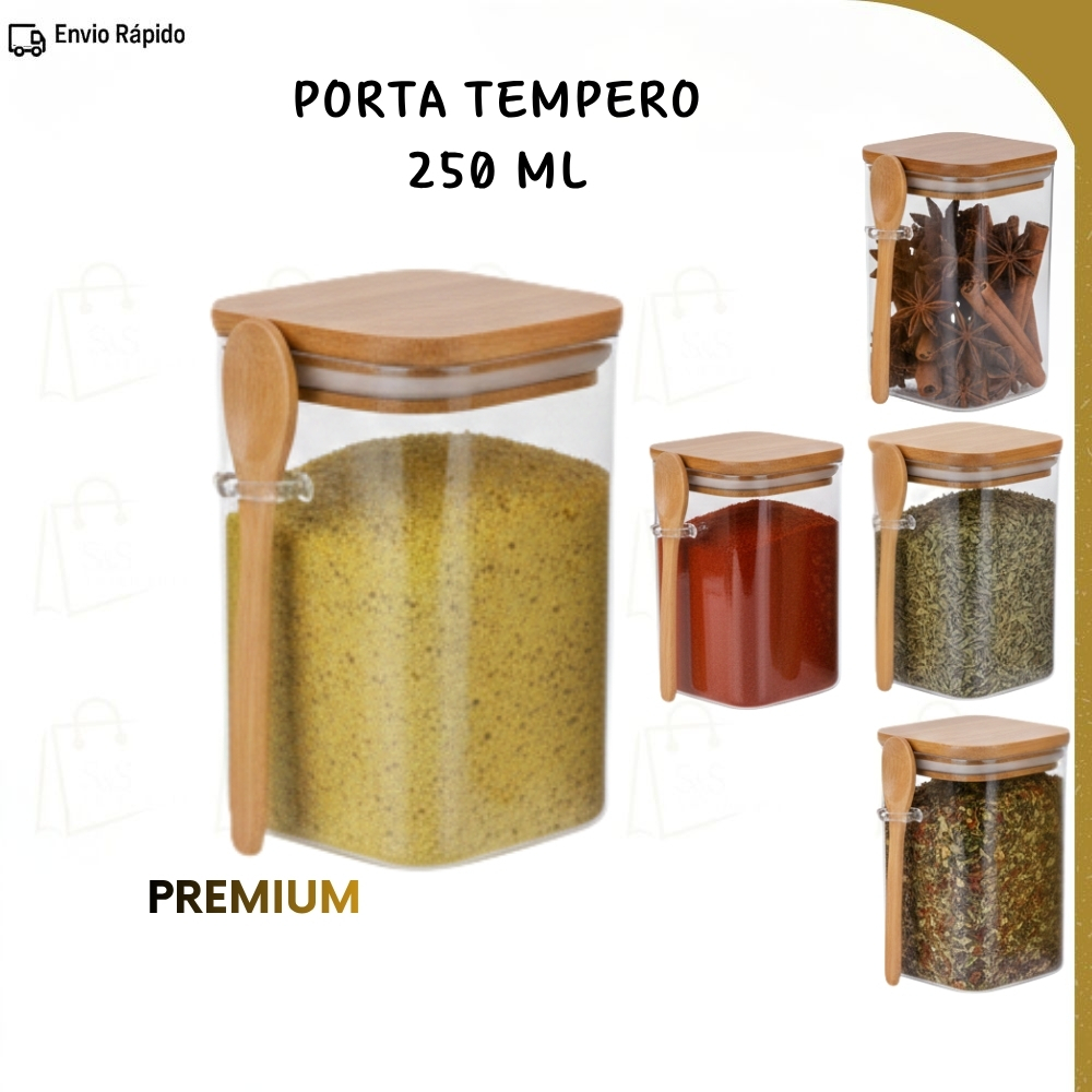 Kit 5/8/10/12 Pote Porta Mantimentos Temperos 250ml de Vidro com Tampa e Colher de Bambu Hermético