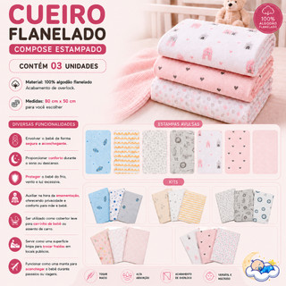 KIT C/3 e 6 UND DE CUEIROS FLANELADO MANTA ESTAMPADO - 80x50 - BEBÊ PAPI COMPOSE