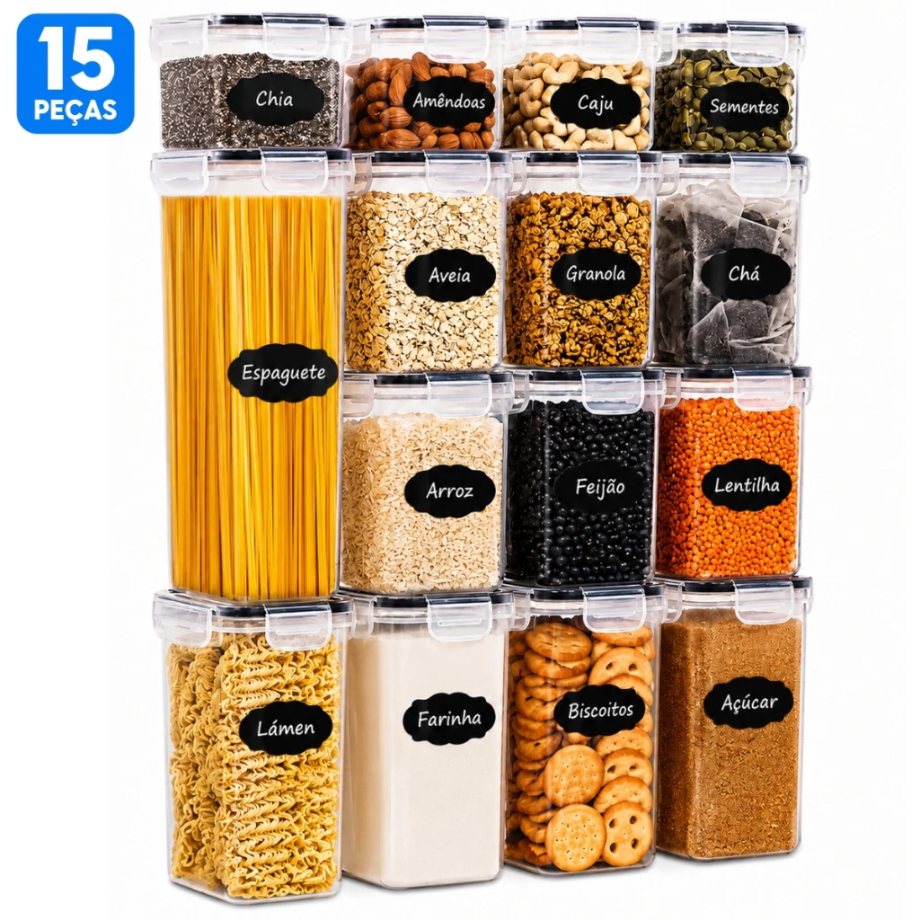 Kit 15 Potes Herméticos Organizadores de Mantimentos Plástico com Etiquetas Cozinha Despensa Empilhável — imagem 1