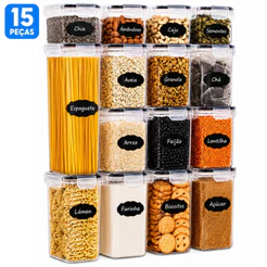 Kit 15 Potes Herméticos Organizadores de Mantimentos Plástico com Etiquetas Cozinha Despensa Empilhável