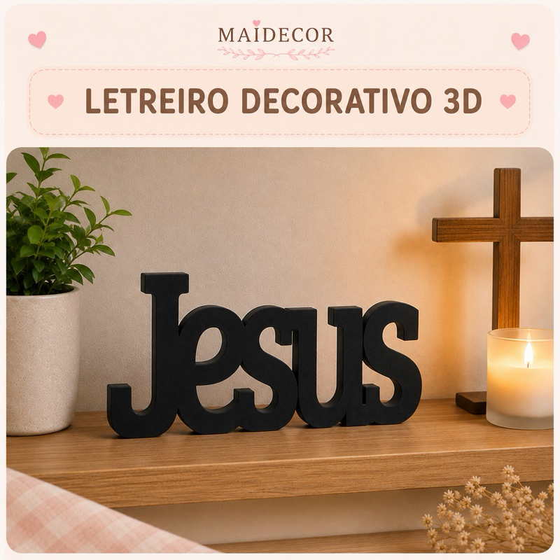 Letreiro JESUS 3D | Palavra Decorativa de Mesa | Enfeite para Sala e Prateleira | Decoração Cristã