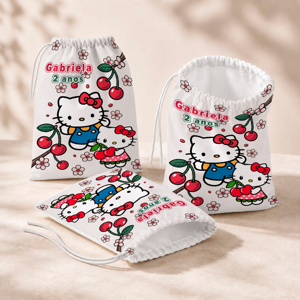 20 Sacolinhas Personalizada Festa Infantil 18x26 Aniversário Lembrancinha Hello Kitty Cereja