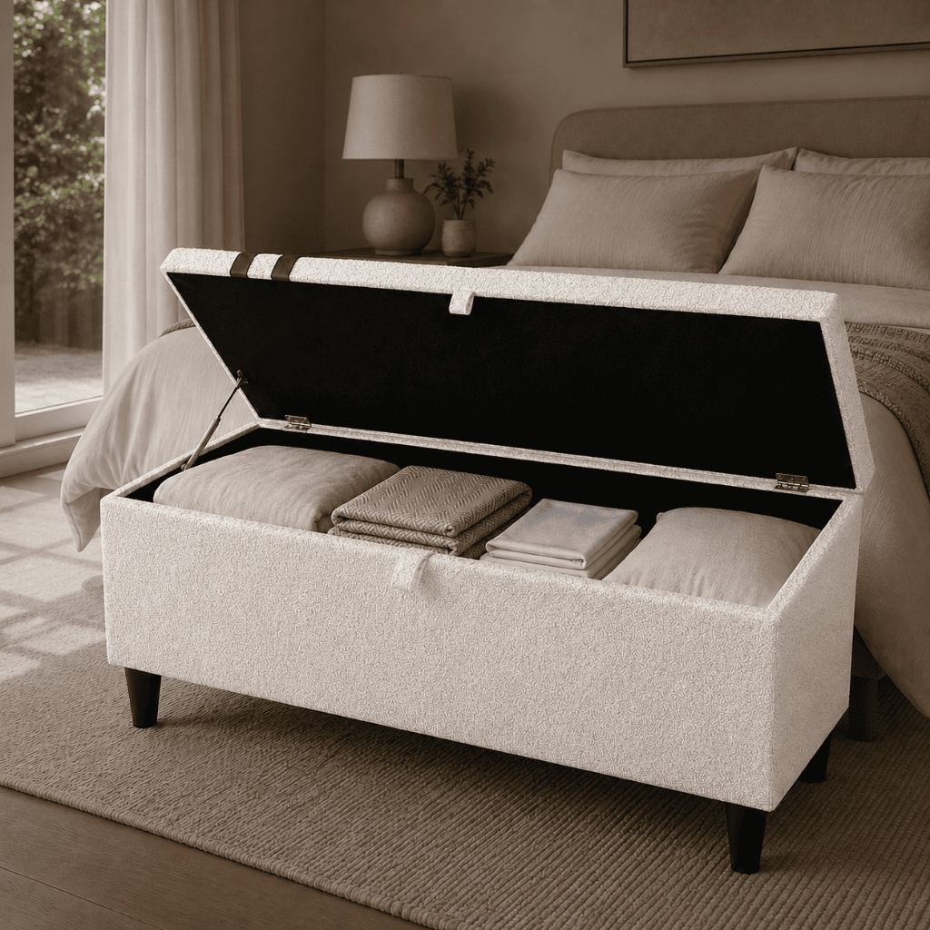 Puff Baú Recamier 120cm e 80cm Organizador para Pé de Cama Casal Banco Sapateira em Boucle e Veludo Envio Imediato