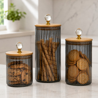 Kit Potes Organizadores Black Tampa de Bambu Vidro Canelado para Alimentos Secos e Mantimentos