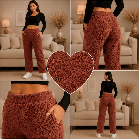 Calça Teddy Feminina Pelinho Sherpa Quentinha Peluciada Inverno Pijama Confortável Bolsos Frio