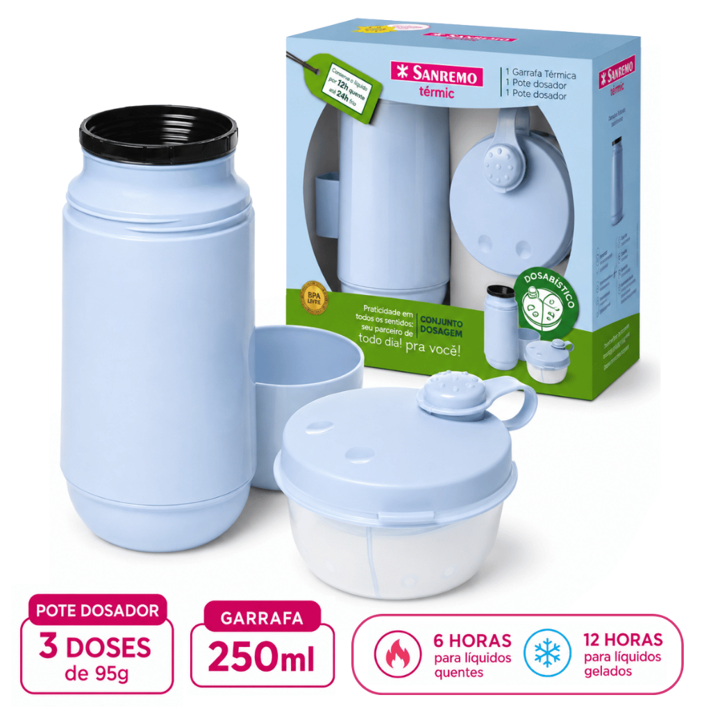 CONJUNTO GARRAFA TÉRMICA 250ML + POTE PARA LEITE EM PO AZUL INFANTIL PROMOÇÃO VOLTA AS AULAS