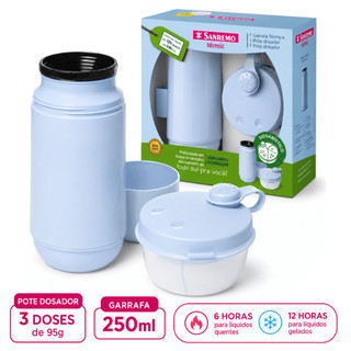 CONJUNTO GARRAFA TÉRMICA 250ML + POTE PARA LEITE EM PO AZUL INFANTIL PROMOÇÃO VOLTA AS AULAS