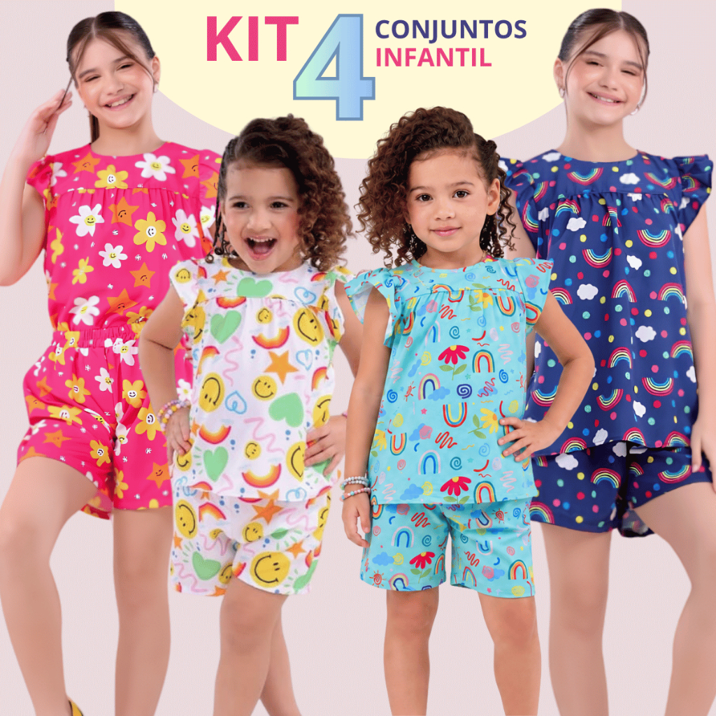 Kit 4 Conjuntos Infantis Femininos 8 Peças 4 Blusas 4 Shorts Crepe Santorine Menina Verão Estampado 1 ao 14 Anos