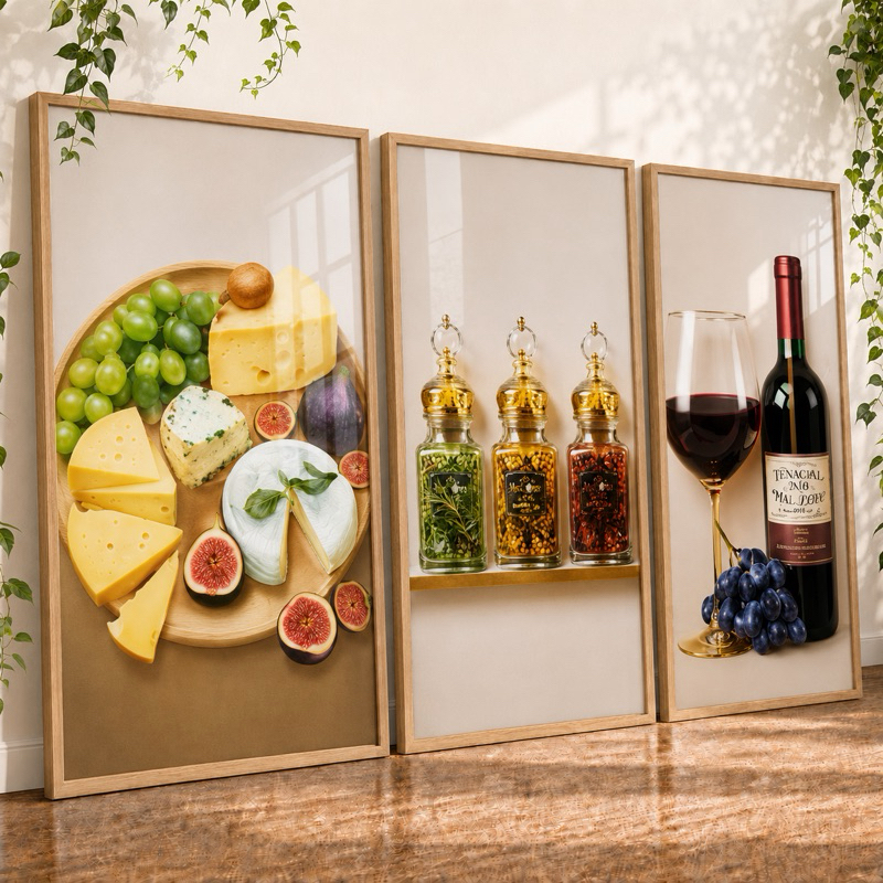 Quadros Decorativos Kit 3 peças para Área Gourmet Cantinho Bebidas Degustação Queijos Vinho