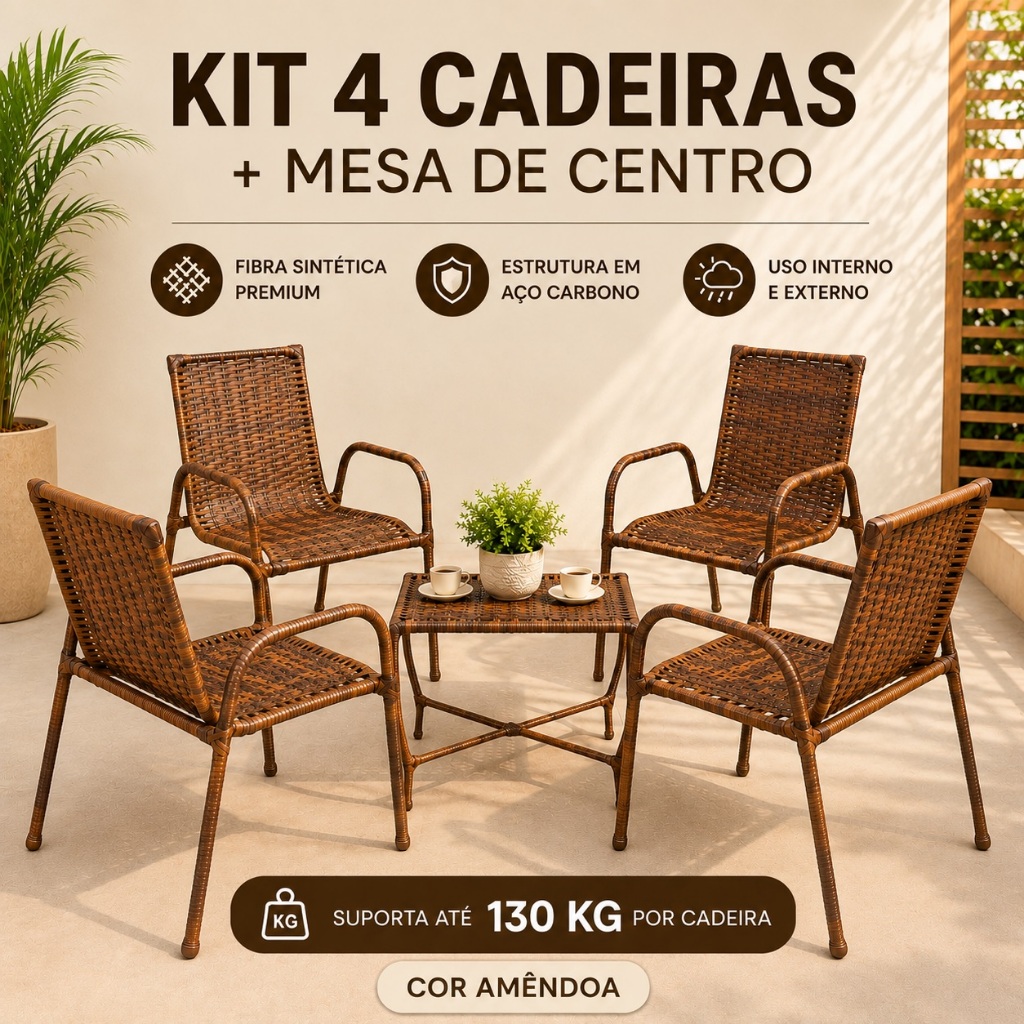 Kit 4 Cadeiras Mesa Centro Jardim Varanda Junco Sintético Fibra Resistente Proteção UV Cor Amendoa