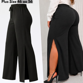 Calça Wide Leg Plus Size Feminina Com Fenda Cintura Alta Calsa Plus Size Pantalona Abertura Lateral Elegante 46 ao 56