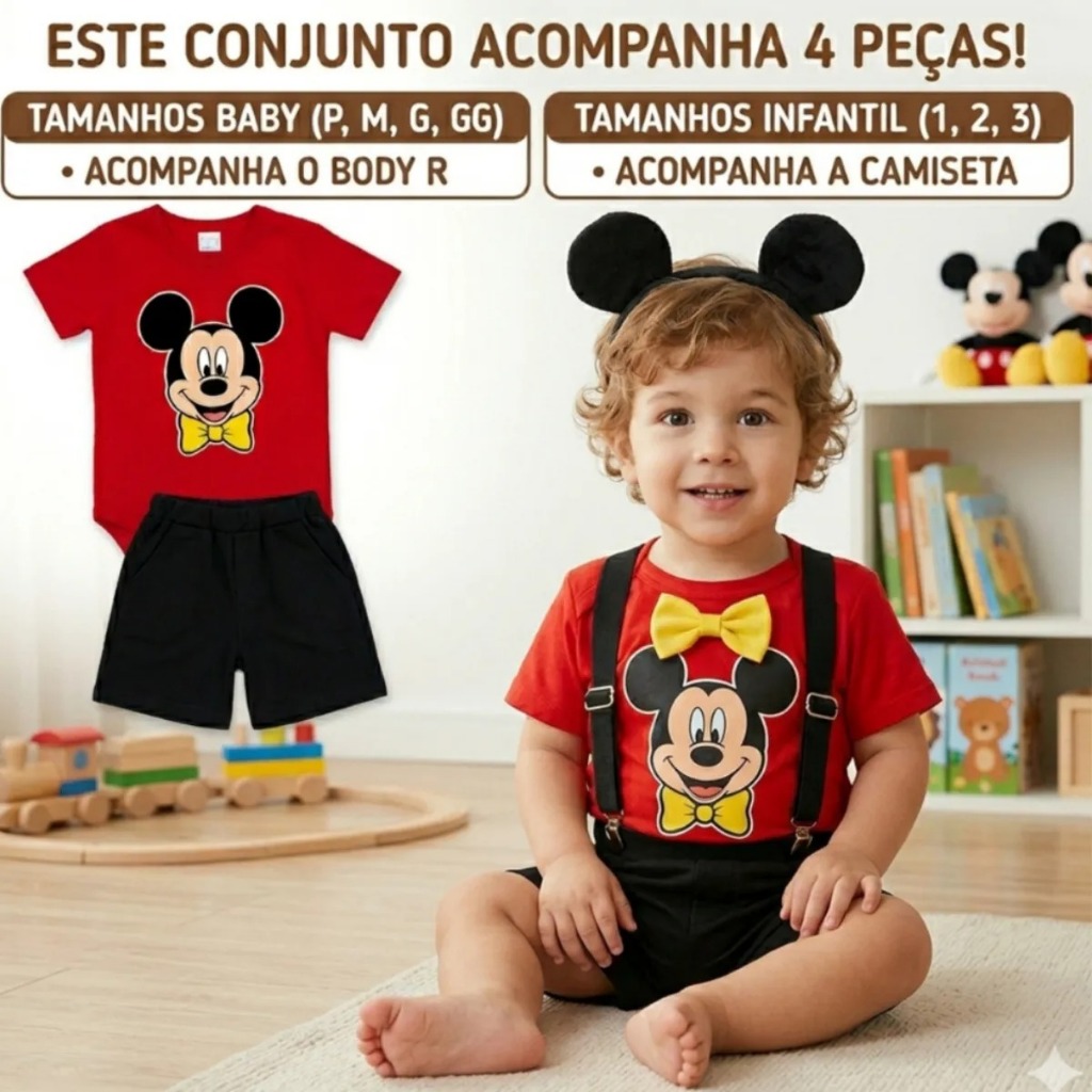 Conjunto Fantasia De Aniversário Temático Mickey Infantil Menino Camiseta, Short e Suspensório 1-3 anos