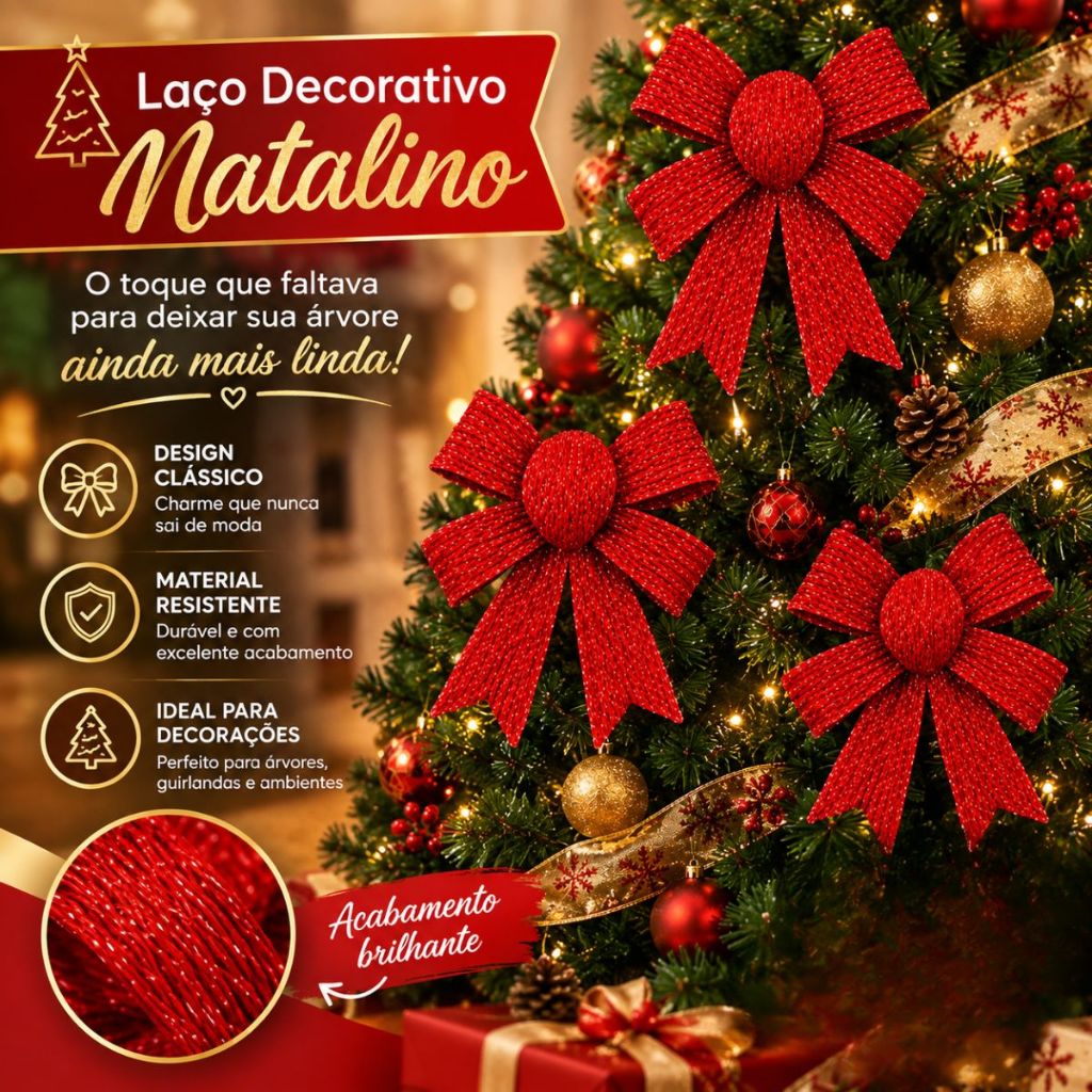 Laços Natalino Decoração de Natal Arvore Enfeite Lacinhos Vermelho Dourado Natal Laço VMP