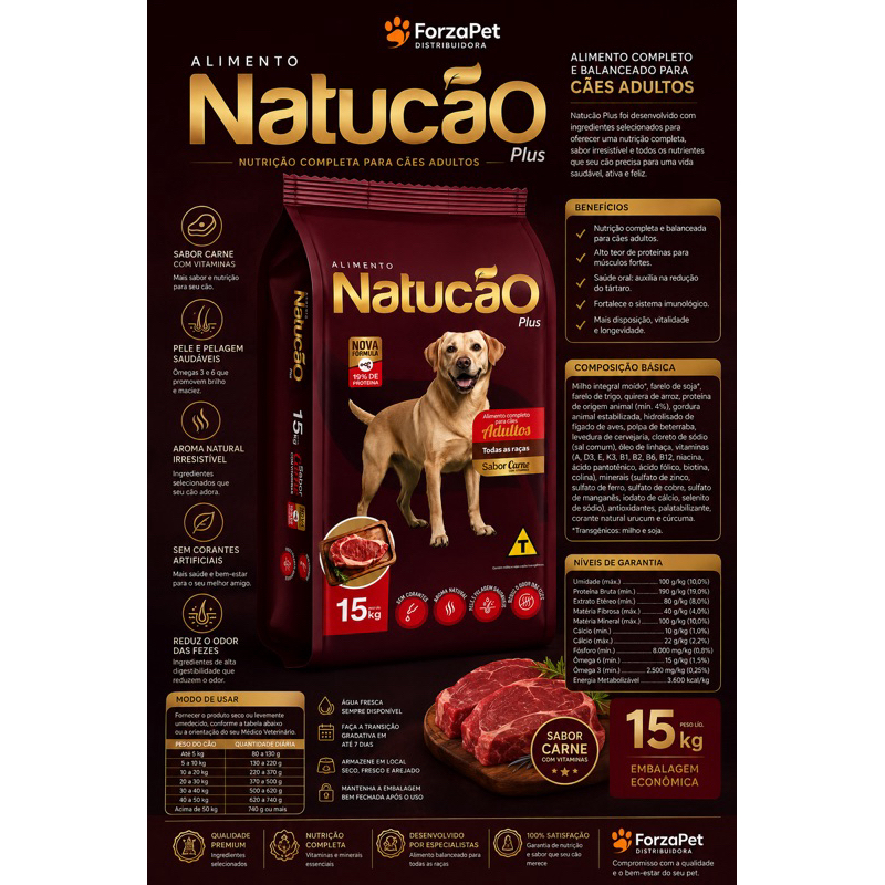 NatuCão Plus Ração 15kg para Cães Adultos Sabor Carne 19% Proteína com Vitaminas Ômega 3 6