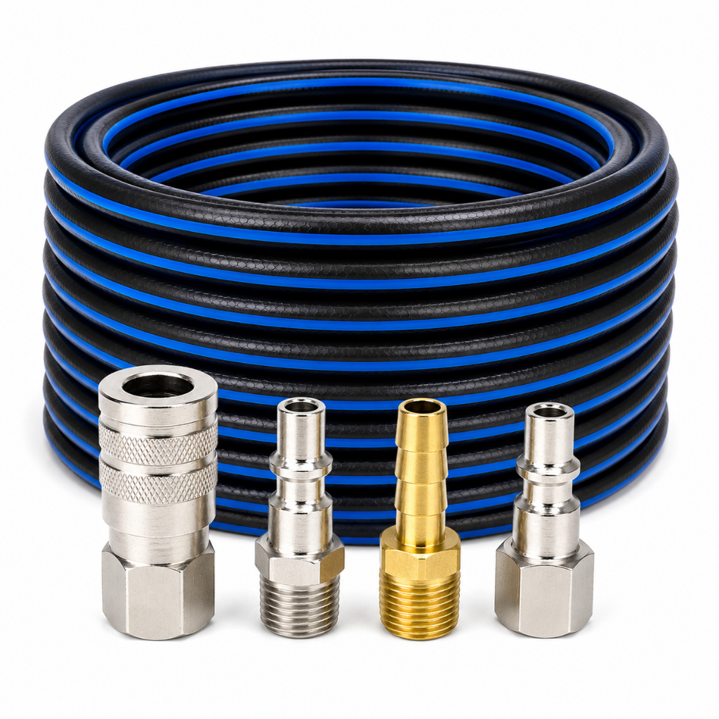 Kit Mangueira de Compressor 15 Metros Com Engate Rapido Jogo Conectores PT300 1/4 Ar Rolo Pneumática