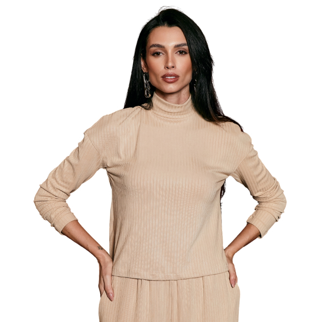 Blusa Feminina Manga Longa Gola Alta Malha Canelada Areia Elegante Versátil Inverno Casual