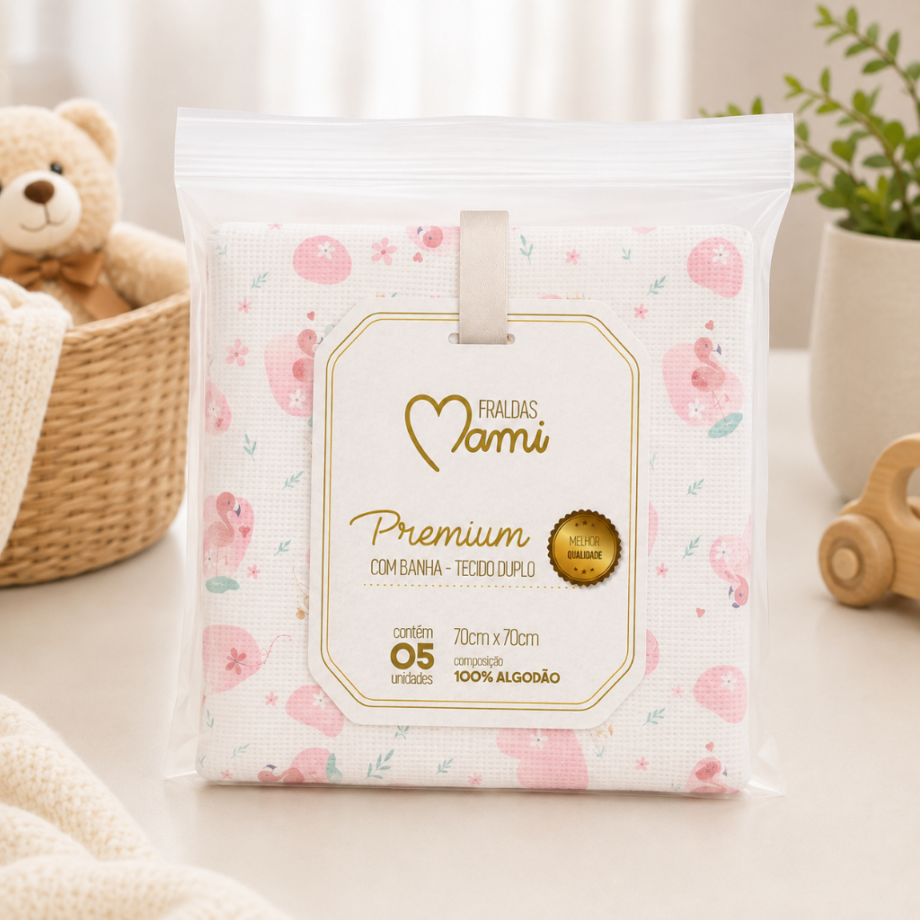 KIT C/5 UNIDADES DE FRALDAS DE PANO MAMI PREMIUM 70x70cm ESTAMPADA C/BAINHA PARA BEBE PAPI