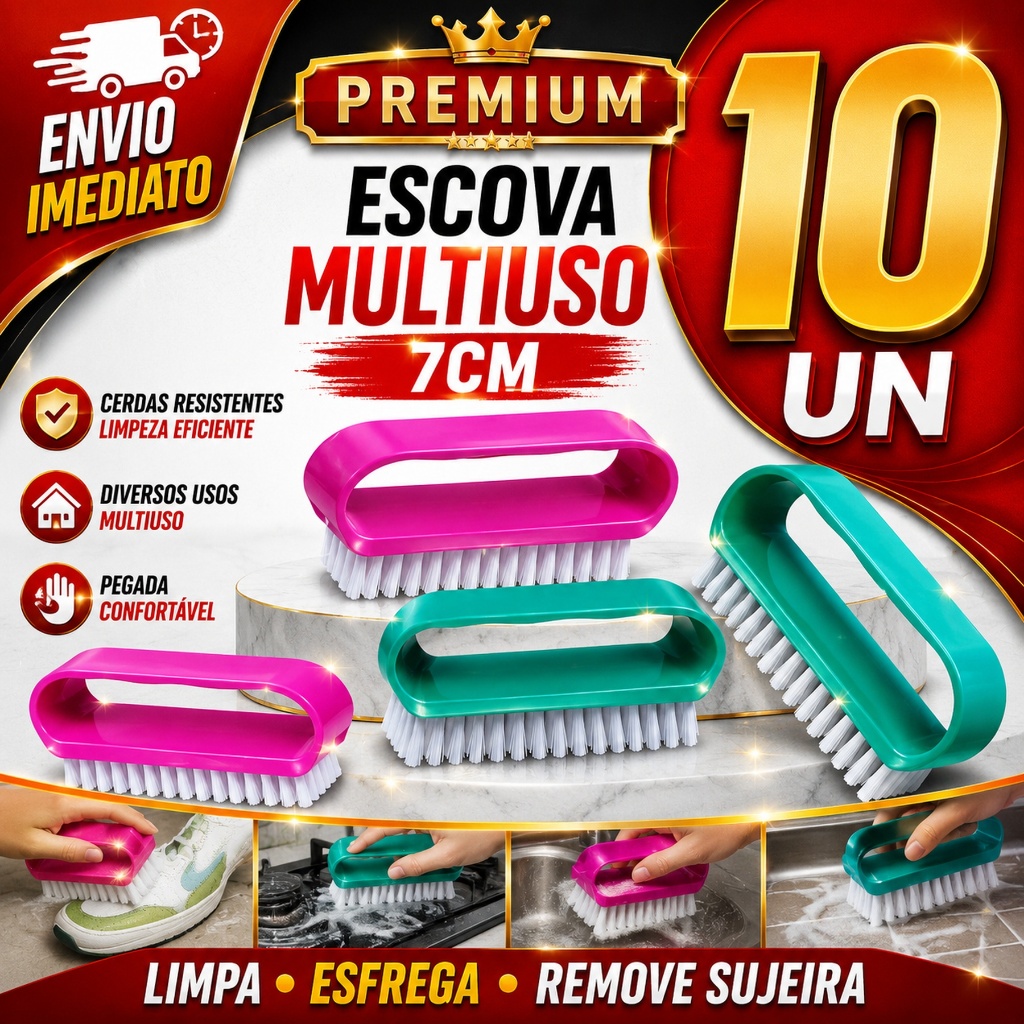 Jogo 10 Escova Multiuso Com Alça Limpeza de Calçados Roupas Banheiro Cozinha Casa Escovinha Premium