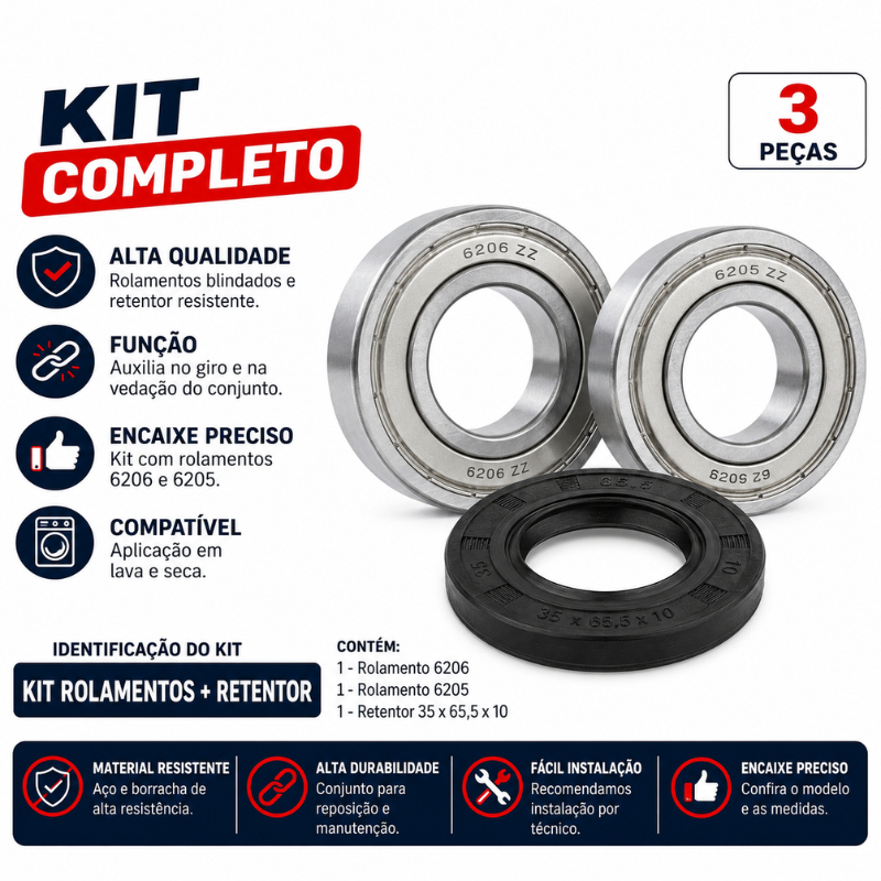 Kit Rolamento 6206 E 6205 Retentor Compatível Com Lava E Seca Samsung Wd106Uh