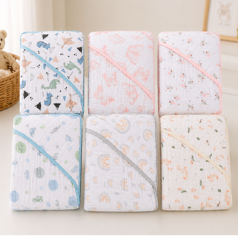 TOALHA DE BANHO PARA BEBÊ GRANDE SOFT COM 3 CAMADAS DE FRALDA ESTAMPADA COM CAPUZ PAPI 100% ALGODÃO