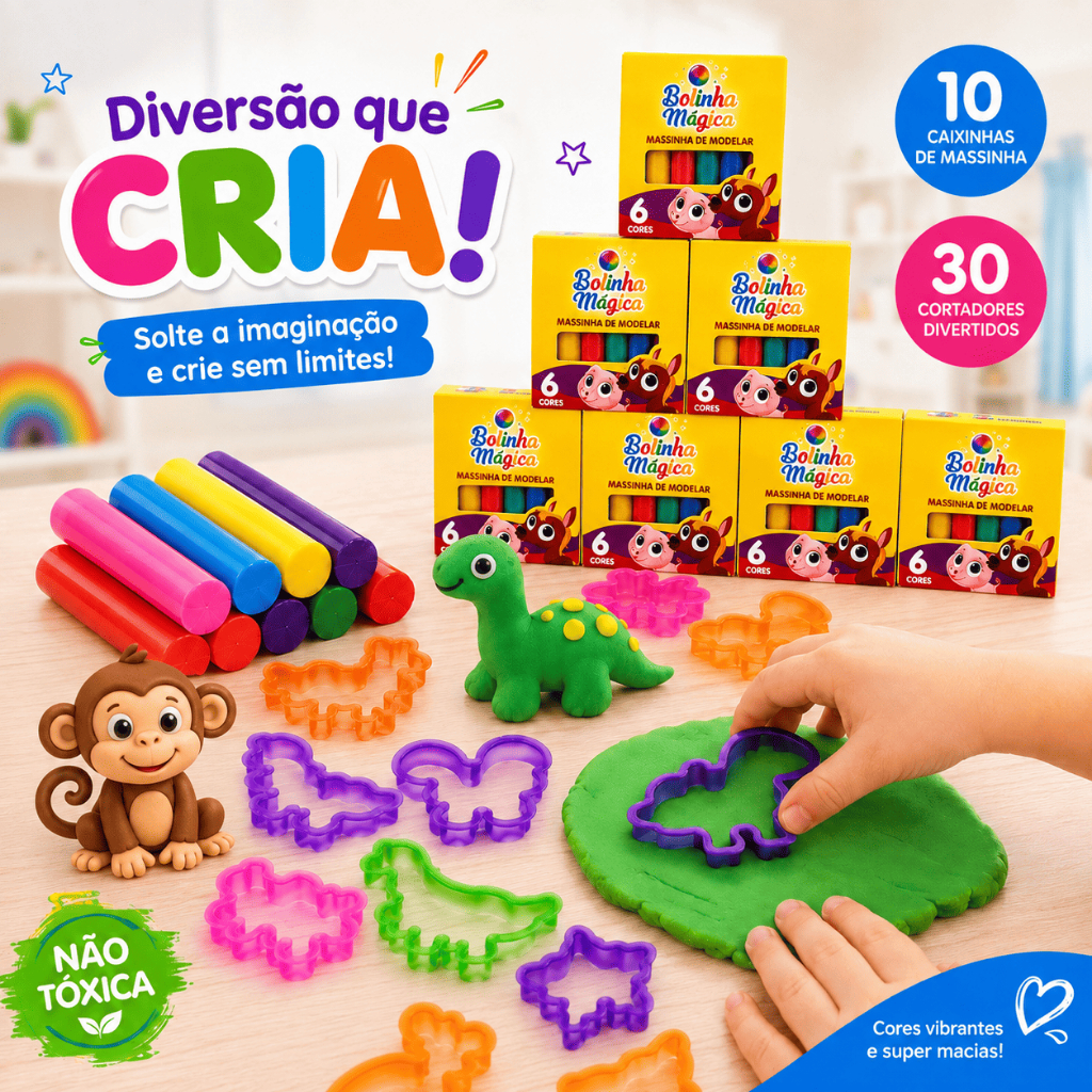 Kit 10 cx Massinha De Modelar + 30 Forminhas Cortador Moldes Festa Aniversario Lembrancinha Dino